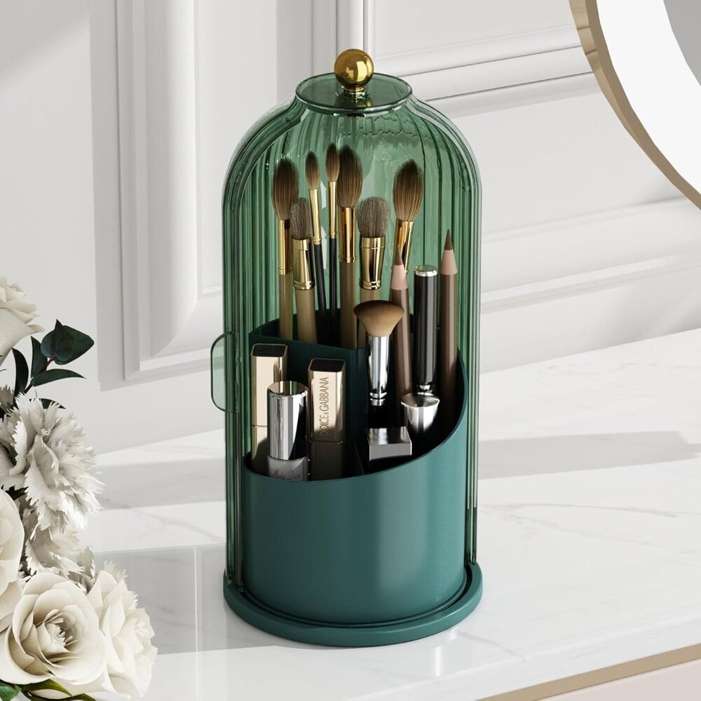 Makeup Brush Holder with Lid Cosmetic Tools Organizer 360 Rotating Waterproof Du